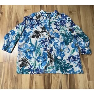 Lauren Ralph Lauren Women's Sz 2X Blue Floral Linen Shirt 3/4 Sleeve Lagenlook